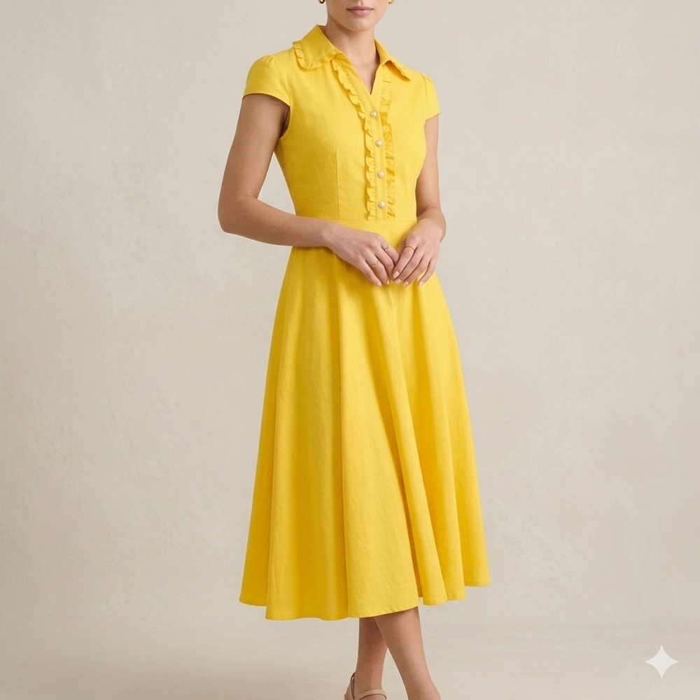 Wedtrend Cap Sleeve Ruffle Front Shirt Dress Bright Yellow Size XL Fits S